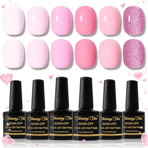 Shining She Esmaltes Semipermanentes de Uñas en Gel UV LED, 6 Colores Primavera Verano Serie Rosa Tierno Pintauñas Semipermanentes para Día de San Valentín Salón de Uñas Creativas,8ML