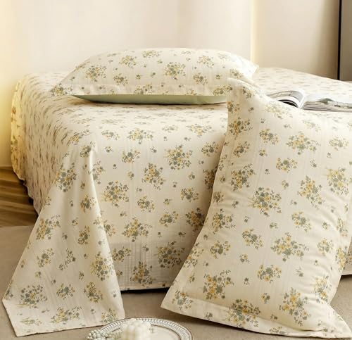 Image of VAS COLLECTIONS King Size Bedsheet Set Cloud Cotton 270x240 cm | Soft Breathable Flat Bed Sheet with 2 Pillow Covers |Floral Printed Bedsheet for King Bed | Durable Bedding Set, Yellow Sage
