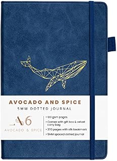 Small Notebook A6 Pocket Notepad by Avocado and Spice®  Hardback Small Notepad A6 Diary - A6 Dot Journal Thick Notebook - 200 Thick Pages with Gift Box & Velvet Bag (Blue, Dotted)