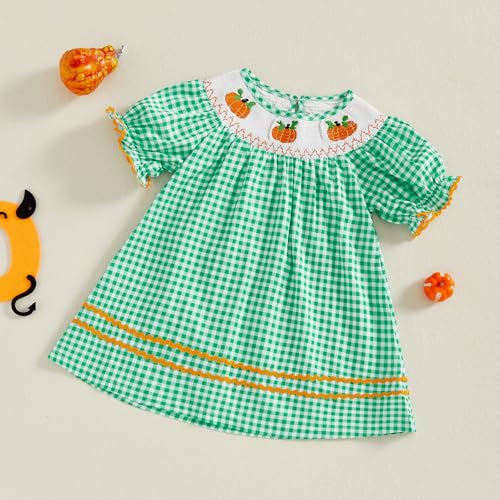 Toddler Girl Halloween Smocked Dress Pumpkin Embroidery Plaid Princess Dresses Holiday Cake Smash Photo Fall Clothes4