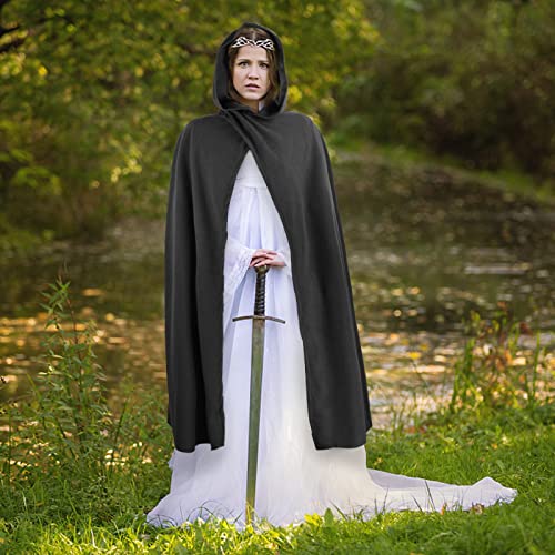 FSUJWOA Renaissance Hooded Cape Medieval Costumes with Hood Cloak Halloween Costume (Black, Style-1) - Image 4