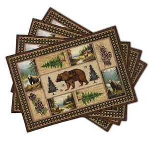 Rustic Lodge Bear Deer Placemats 4 Pcs, Vintage Cabin Pine Cone Plaid Place Mats, Heat Resistant Non Slip Cotton Linen Dining Table Mats Home Kitchen Decor, 18 x 12 Inch Rustic Lodge Bear Deer Placemats 4 Pcs Vintage Cabin Pine Cone Plaid Place Mats Heat Resistant Non Slip Cotton Linen Dining Table Mats Home Kitchen Decor 18 x 12 Inch