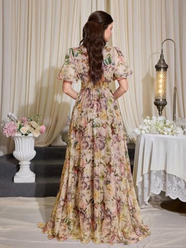 Image of TOLEEN Summer Casual Dresses for Women 2026 Spring Fashion Boho V Neck Long Sleeve Ruffle Floral Print Elegant Maxi Dress