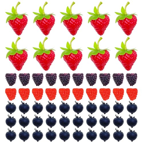 Woohome 60 Stück Künstliche Fruch Künstliche Blaubeeren Künstliche Erdbeere Deko Obst Lebensecht für Party Festival Dekoration Fotografie Requisiten