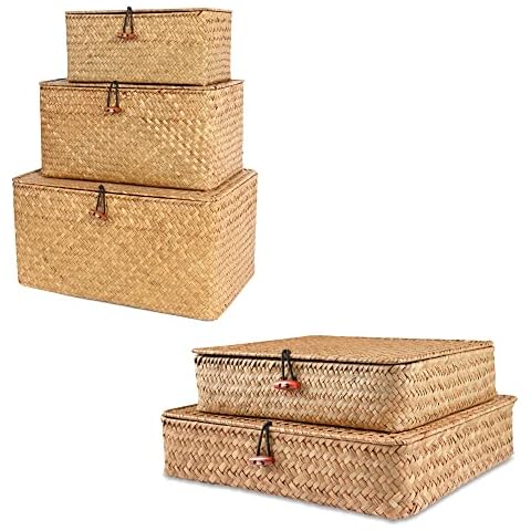 FEILANDUO 5Pcs Wicker Baskets with Lids Seagrass Woven Storage Baskets Boxes for Shelves Organizer Boho Home Decor Cover