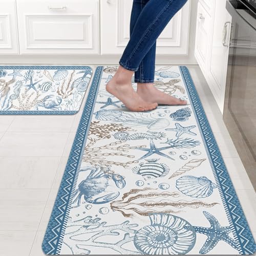 Coastal Beach Rugs for Kitchen Floor, Anti Fatigue Mats for Kitchen Floor Non Slip, 2PCS Washable Rubber Kitchen Mat Ocean Themed Coral for Runner Carpet Rug for Home Office 15.7'×27.5' +15.7'×47'