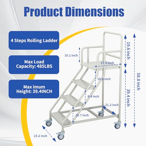 Image of 4 Step Rolling Ladder with Wheels,23.3 inchW x 59 inchH, Industrial & Warehouse Rolling Non-Slip Stairs with Handrails, Steel Platform Ladders, 485LBs Capacity, Easy to Move For Library Goods Shelves