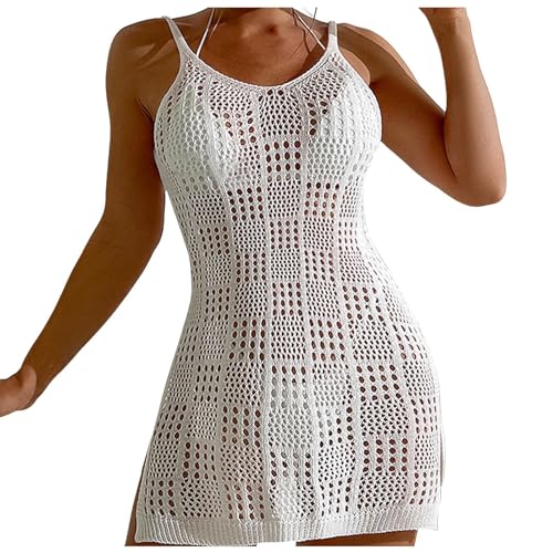 Robe courte col rond en maille tressée ajourée pour femme