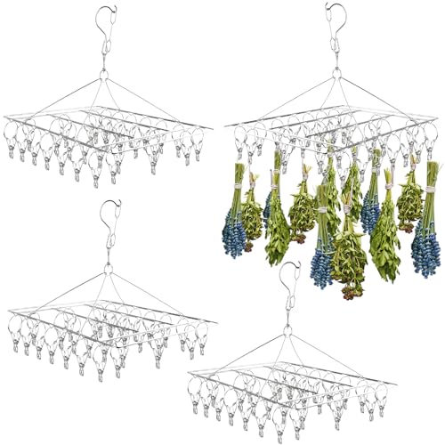 Elesunory 4-Piece Hanging Herb Drying Rack - Stainless Steel with 30 Hooks, Space-Saving for Fresh and Aromatic Herbs