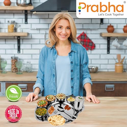 Image of Prabha Stainless Steel Dinner Set of 9 Pcs | Shagun Rajwada Silver Thali Set For Serving |Bhojan Thal Kitchen Dinnerware Set Ideal Gifting Anniversary, Wedding |Durable, Cleanable, Useable, High Grade