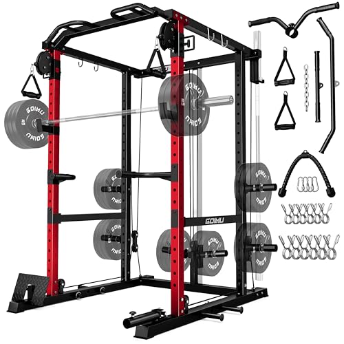 Goimu R1-V4 Power Cage Rack, 2000LB Squat Rack with Cable Crossover System, Multi-Function Weight Cage, Home Gym Workout Machine with More Training Attachments (R1-V4-Power Cage RD)