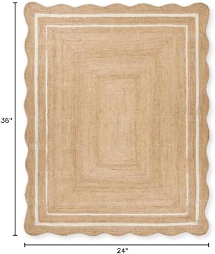 Miniatura 2 de The Weaver House - Alfombra festoneada de yute natural, alfombra decorativa bohemia tejida a mano (2 x 3 pies, blanco)