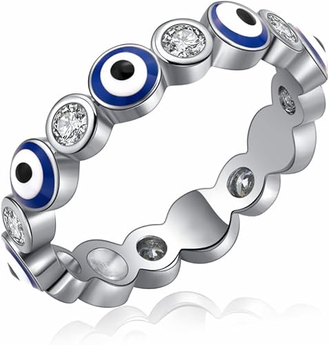 Esbbela Evil Eye Ring for Women 18K White Gold Plated Evil Eye Eternity Band Cubic Zirconia Braided Engagement Promise Statement Ring Jewelry Blue Eye Size 9