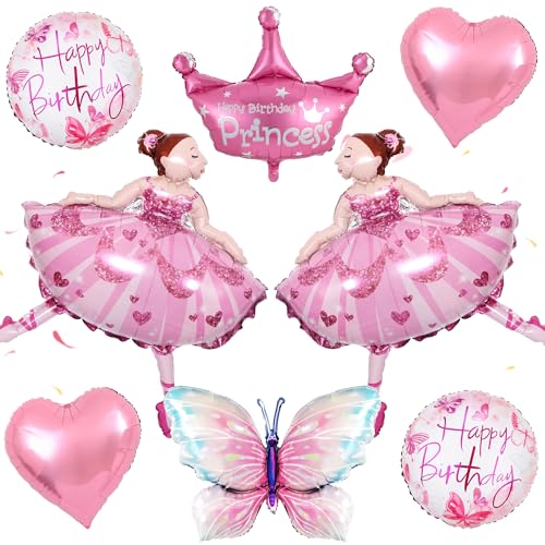 Ballerina Geburtstag Deko Ballon Mädchen - 8 Stück Ballett Prinzessin Luftballon XXL Krone Schmetterling Folienballon Herzballons, Rosa Ballerina Motto Party Dekoration für Kindergeburtstage