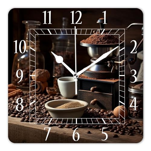 Decorative Wall Clock 10 Inch Silent Square Clocks for Home Living Room Kitchen,Coffee Cup Beans Grinder Picture