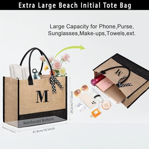 BeeGreen Birthday Gift for Women Initial Jute Tote Bag for Friends Mother Bride Bridesmaid Appreciation Gifts Bag Beach Embroidery Large Personalized Gifts for Wedding A