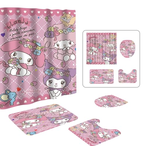 Cute Cartoon Shower Curtain Set 4 Piece with Non-Slip Rugs Toilet Lid Cover and Bath Mat Cartoon Bathroom Decor 72 x 72inch (SANLIO)