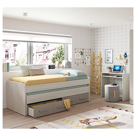 Dmora Struttura Secondo Letto Estraibile con cassettone, Colore Bianco Effetto Legno Chiaro e Marrone, cm 199 x 65 x 95