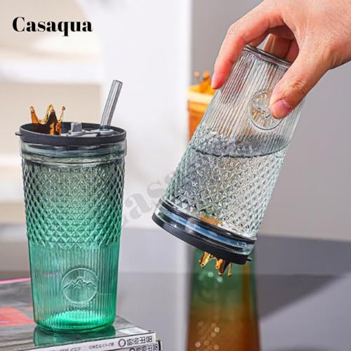 Image of Fashion Glass Cup with Lid and Straw - 600ml, Set of 1, Glass Cups, Clear Glassware for Kitchen, Home Heat Resistant Drinking Tumbler Office Ice Coffee Glasses Tea Mug