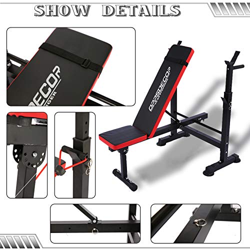 Adjustable Weight Bench Incline Seat Multi-Function Folding weight benches Fitness Workout Barbell Rack for Strength Training Home Gym (Red)