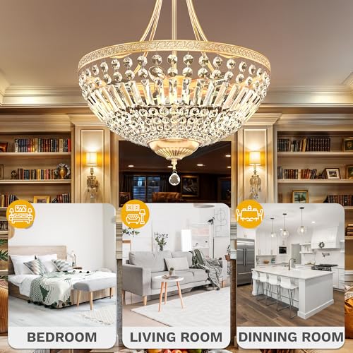 DWVO Crystal Gold Ceiling Light, 20in Modern Vintage Crystal Chandelier, 5-Light Semi Chandelier Close to Ceiling Light Fixture for Living Room Kitchen Entryway Bedroom Dining Room - E12 Base