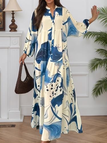 Womens Floral Print Long Lantern Sleeve Dress Boho Casual Loose V Neck Button Front Flowy Fall Maxi Dresses3