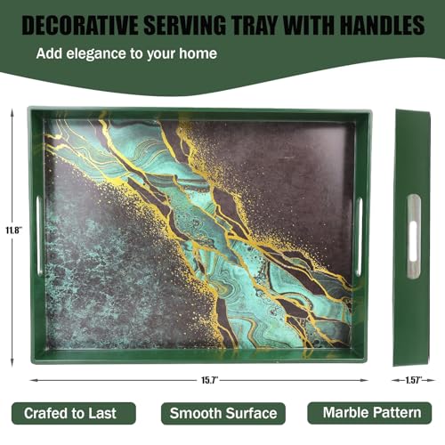 SforGUVA Marble Green Decorative Tray for Coffee Table, Ottoman, Rectangular Plastic Serving Platter Tray with Handles for Entertaining, Outdoor Patio, Living Room Counter, 15.7”*11.8”*1.6” — view 2