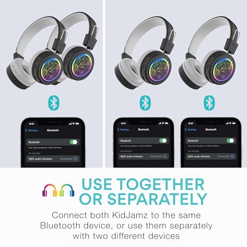 Image of MEE audio KidJamz Share Bluetooth Headphones for Kids with LED Lights, 85dB Volume Limiter, Microphone, 40h Battery; Childrens Headset for School /iPhone /iPad /Tablet (Model: KJ55BT-S, 2-Pack)