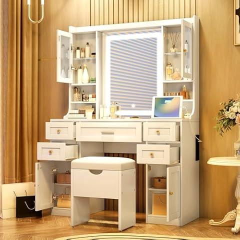 41.4" Makeup Vanity Desk with Mirror and Lights, Makeup Table with 5 Drawers and 4 Cabinets, 1 Cushioned Storage Stool Chair, Dressing Table with Charging Station, White(Vanity Stool Included) Cover