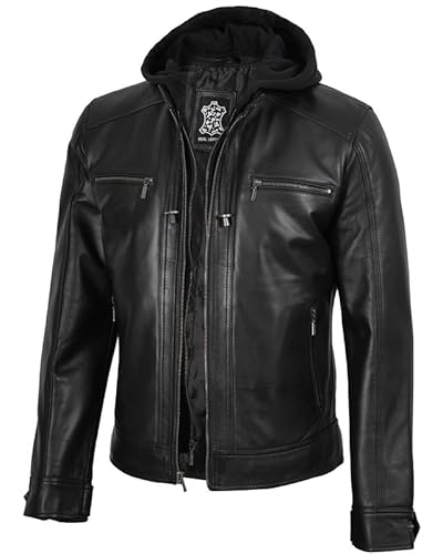 Blingsoul Hooded Leather Jackets For Men - Black Removeable Hoodie Jacket Mens | [1114392] Merrill Black, S