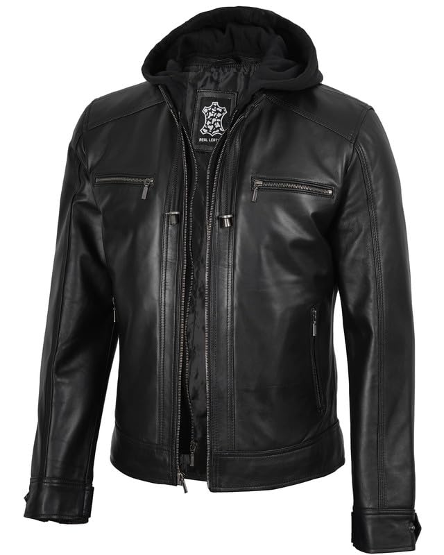 Decrum Hooded Leather Jacket Men - Detachable Hood Real Lambskin Mens Leather Jacket