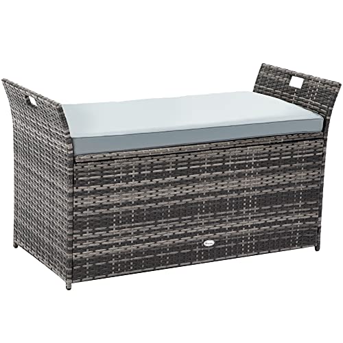 Yitahome 90 Gallon Outdoor Wicker Storage Bench W/Cushion, Large Pe Rattan Deck Storage Box W/Handles & Hydraulics For Patio Furniture, Cushions, Garden Tools, Pool & Sports Equipment, Gray #TOP3