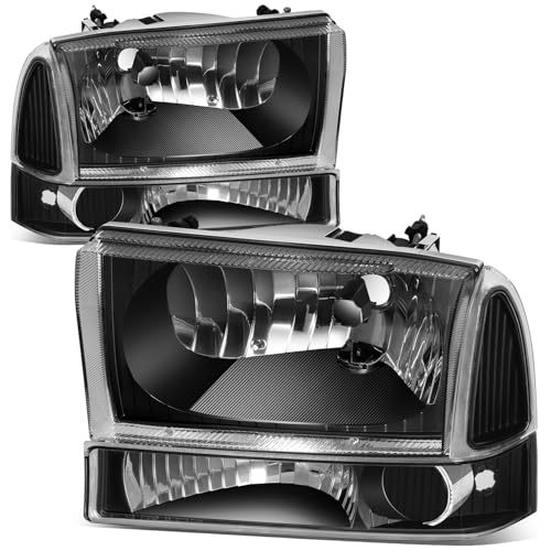 Auto Dynasty Headlight Assembly 4Pcs Headlamps and Bumper Lamps Compatible with 1999-2004 Ford F-250 F-350 F-450 F-550 Super Duty Excusion, Driver and Passenger Side, Black Housing Clear Corner