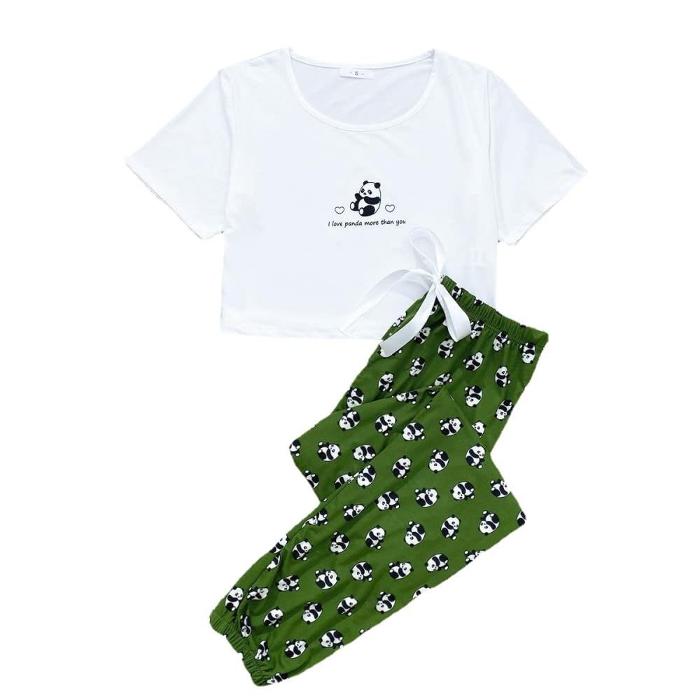 Donna Pigiama Estivo Due Pezzi,Stampa Panda Verde Donna Estate Manica Corta Pigiama Set 2 Pezzi Morbido Pigiama alla Moda Loungewear Regalo Festa della Mamma per Moglie Fidanzata Mamma