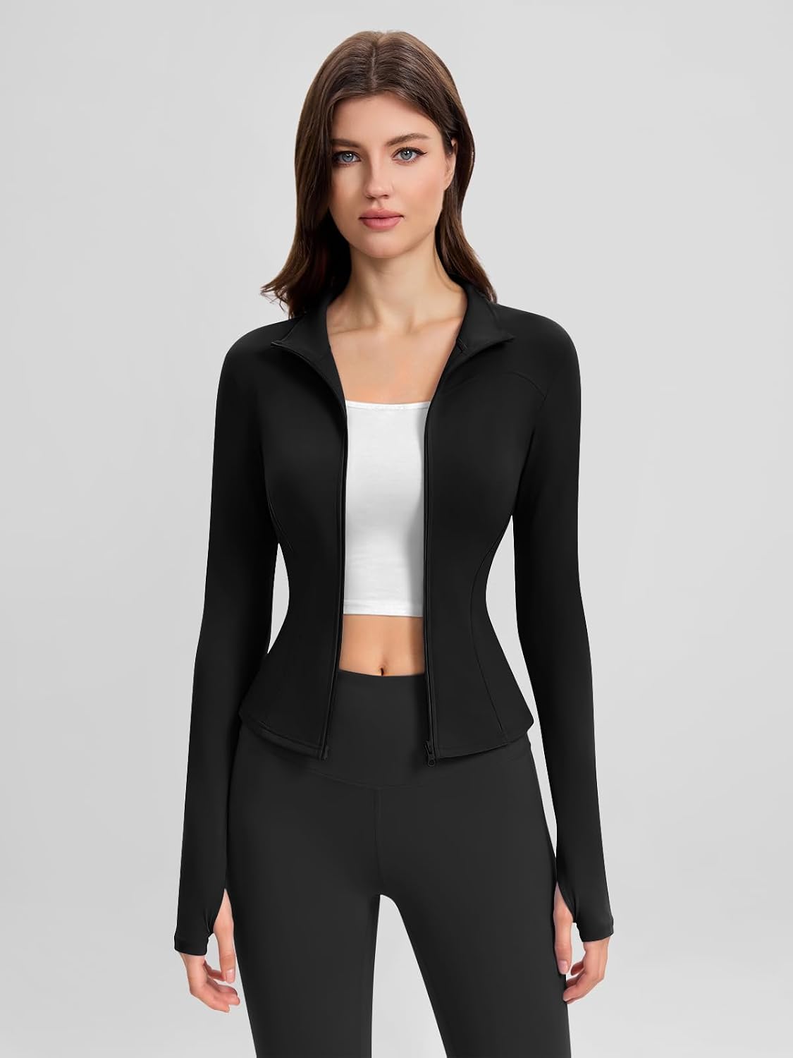 Women's Full Zip Up Workout Jacket, Slim Fit Lightweight Yoga Running Athletic Gym Sports Jacket with Thumb Holes