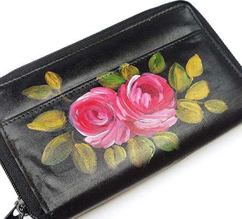 Hand Painted Pink Roses Black Leather Double Zipper Checkbook Wallet for Women Handbag Bag Accessories
