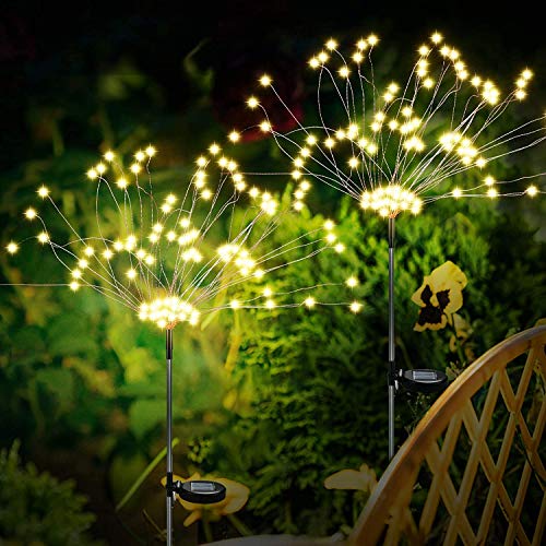 welltop Firework Solar Lights, Upgrade Creative Firework Solar Garden Lights, IP65 Waterproof 120 LED Solar Copper Wire String Lights with 2 Lighting Modes for Garden, Lawn, Courtyard, Balcony, 2 Pack