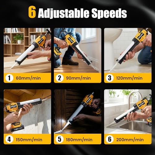 Electric Caulking Gun, Battery Powered Caulk Gun with 2 x 2000mAh Batteries, 9pcs Caulk Remover Tool, 6 Adjustable Speeds, Dripless Auto Retract, LED Light Silicone Gun for Filling, Sealing by RAYLEEY - Image 6