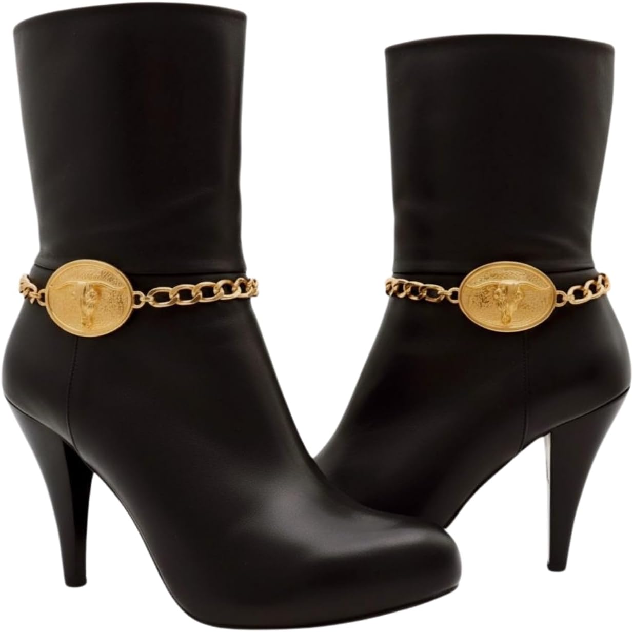 Trendy Fashion Jewelry Women’s Gold Boot Chains (Pair) Oval Long-Horn Concho Bull Skull Charm, Curb Chain Shoe Anklet Set – Western/Country/Rodeo Festival Accessory BC30