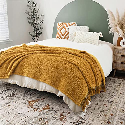 Ultra Soft Cozy Sherpa Throw Blanket, Light Weight Warm Decorative Throw Blanket With Tassel, Mustand Yellow Pattern Reversible Boho Style Blanket For Sofa, Couch, Bedroom,Travel, 50”X60” #TOP5