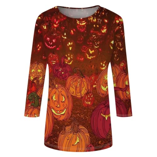 Image of Women Spooky Halloween Graphic Shirt 3 /4 Length Sleeve Crewneck Top | Halloween Funny Printed Pumpkin Plus Size Tshirts 2026 Fall Outfits Skeleton Tee Going Out Tops