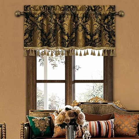 Loom and Mill Luxury Valances for Living Room Window, Classic Damask Jacquard Chenille Window Treatment Valances with Tassels, Rod Pocket Blackout Short Curtain 1 Panel,Halloween Decor(54”x18”, Black) Cover
