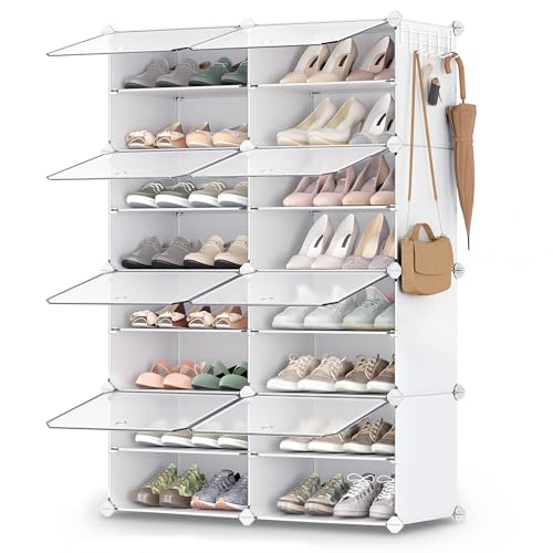 SONGMICS Shoe Rack Organizer, 8-Tier Shoe Storage Cabinet for Closet and Entryway, Holds 32 Pairs of Shoes, Adjustable, Cloud White and Trasparent ULPC034W01 8 Cubes Cloud White + Trasparent