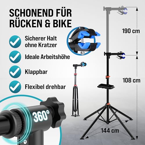 MONZANA® Fahrradmontageständer 30 kg mit Drehmomentschlüssel 1/4 Zoll Set Profi klappbar Tragetasche Reifenheber 1-25 Nm Bitset Transportbox
