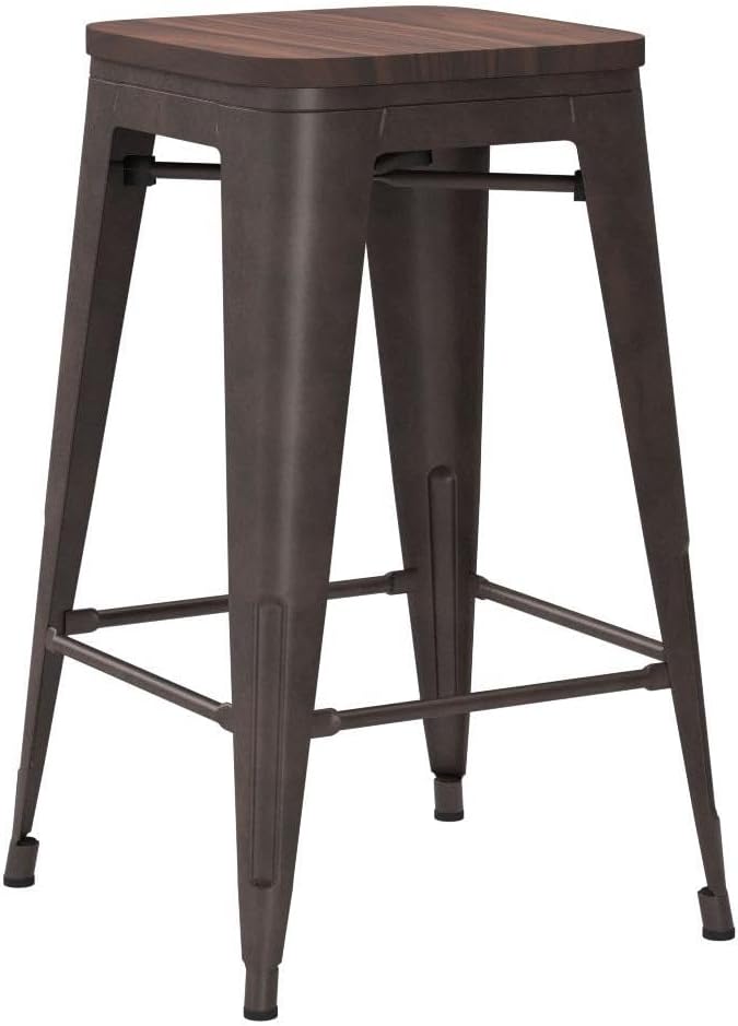 Yongqiang 24" Metal Bar Stools Set of 4 Industrial Stackable Stools for Kitchen Counter Height Backless Barstools with Wood Seat Rusty