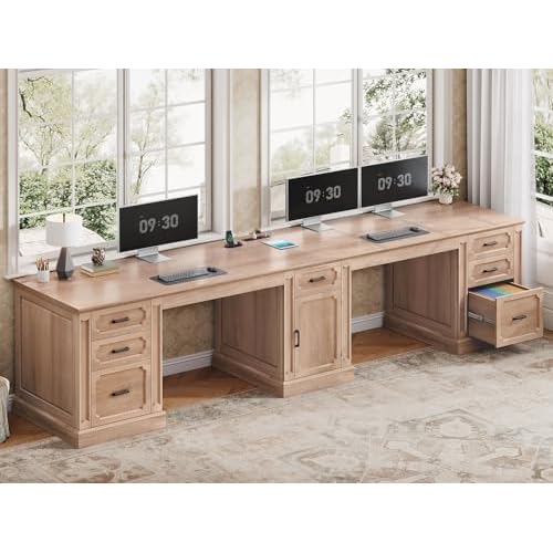 SEDETA Farmhouse 110.3" Two Person Desk with 7 Drawers, Long Computer Desk with Storage Cabinet, 2 Person Desk with Power Outlets for Home Office, Nat