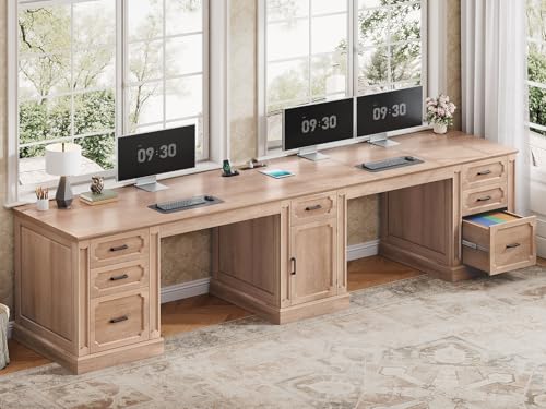 Image of SEDETA Farmhouse 110.3 inch Two Person Desk with 7 Drawers, Long Computer Desk with Storage Cabinet, 2 Person Desk with Power Outlets for Home Office, Oak