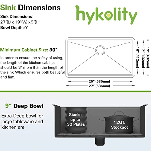 Hykolity 27inch Undermount Workstation Kitchen Sink, 16 Gauge Single