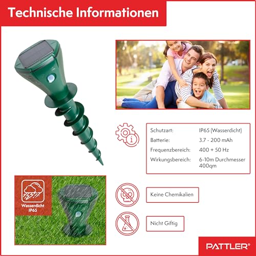 PATTLER® Maulwurf Vertreiber 4er Set - Effektiv Maulwurf vertreiben auf ca. 800m² - Flexible Verwendung durch Solarmodul - innovatives Schraubdesign erhöht Effektivität