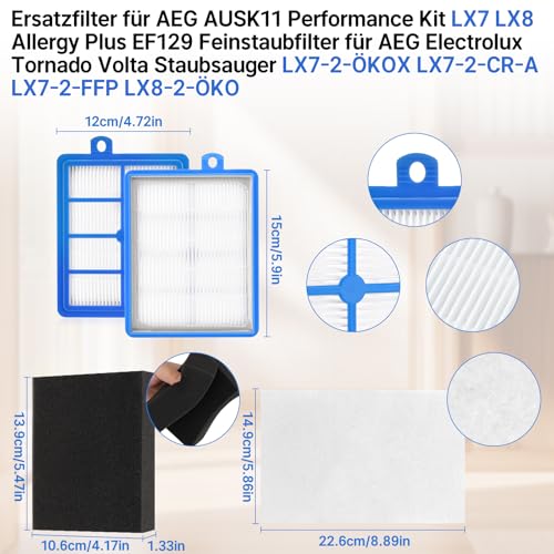 Ersatzfilter für AEG AUSK11 Performance Kit LX7 LX8 Allergy Plus EF129 für AEG Electrolux Tornado Volta Staubsauger LX7-2-ÖKOX LX7-2-CR-A LX7-2-FFP LX8-2-ÖKO Filter für Philips FC8038/01 FC9150